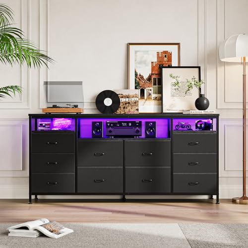 63.3 Inch Black Dresser for Bedroom, 10 Drawer Dresser TV Stand for 65 70 75 Inch TV, Fabric Chest of Drawers with LED Lights & Power Outlets, Long Entertainment Center for Closet, Living Room, Entryw