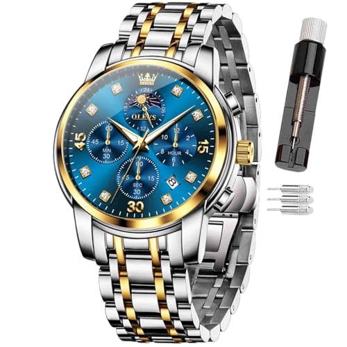 OLEVS Men Multifunction Watch, Multi Dial Waterproof Luminous Chronograph Watch with Date,Stainless Steel Watches,Moon Phase ﻿Luxury Watches (in- 3652-Two Tone Strap with Blue dial)