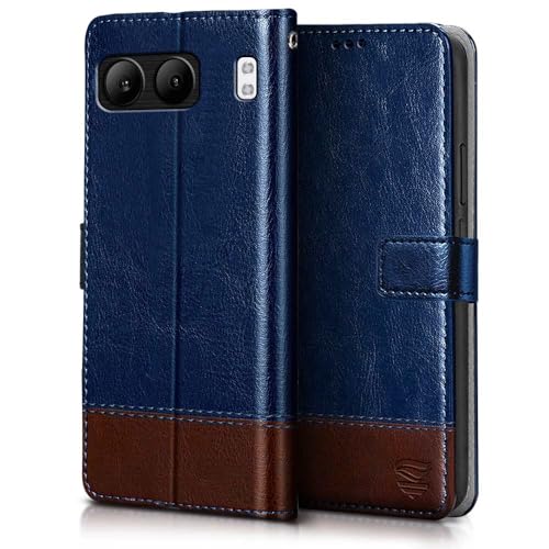 Image of FLIPPED Vegan Leather Flip Case Back Cover for 1+ OnePlus Nord 4 5G (Flexible, Shock Proof | Hand Stitched Leather Finish | Card Pockets Wallet & Stand | Blue with Brown)