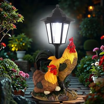 YEPOTUE Solar Rooster Decor Outdoor, Chicken Figurines Decorations with Lantern for Outside Patio Yard Backyard Gifts for Mother's Day Birthday Housewarming