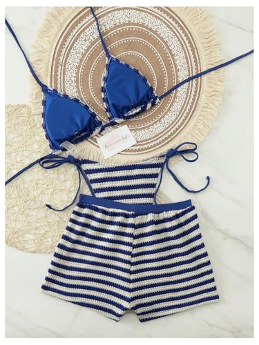 Image of RoseSeek Women's 3 Piece Striped Bikini Shorts Sets Knit Boyshort Swimsuit