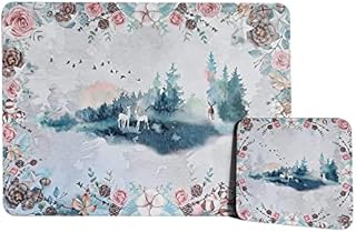 Gift Box Placemat and Coaster set of 6 ' Forest Rein Deer' Cork Backed Animal Placemat 'Rustic' & 'Vintage' Dining & 'Kitchen Table' 'Protector Mats' 'Heat-Resistant Coating' & Cork Board Base