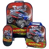 Kit De Mochila Escolar Infantil Masculina Carro Monstro Mosnter Truck 3D Com Rodinhas Triplas Em Silicone Acompanha Lancheira Estojo Resistente E Impermeável