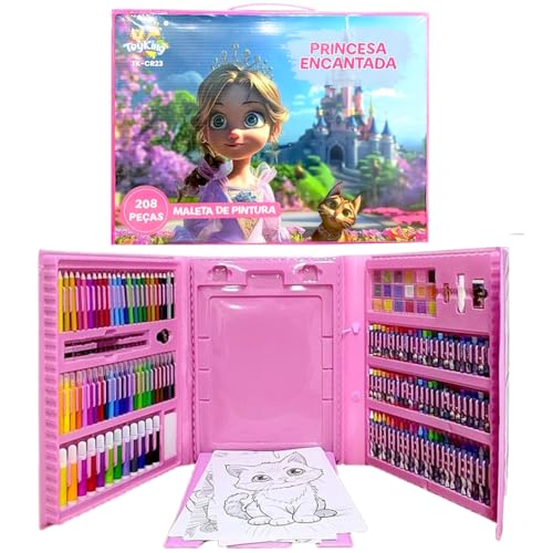 Estojo de Pintura Rosa Princesa Desenhos Acessórios 208 pçs