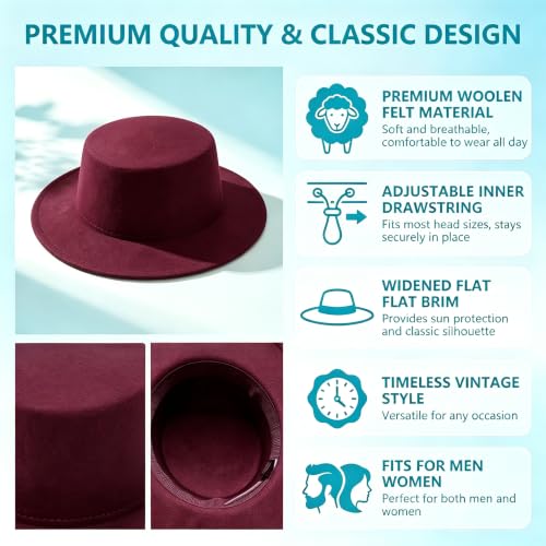 Image of Fedora Flat Hat Classic Wide Brim Cap Panama Style Jazz Hat for Wedding Party Talent Performance Xmas Gift Unisex