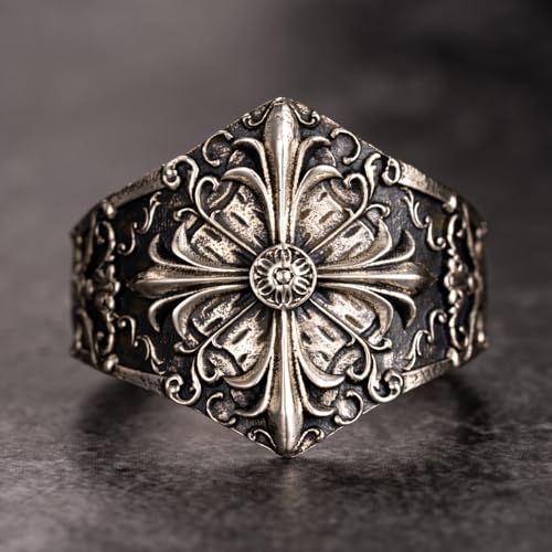 Retro 925 Sterling Silver Fleur de lis Cross Ring Baroque Floral Ring for Men Women Open Adjustable Size S/M/L2
