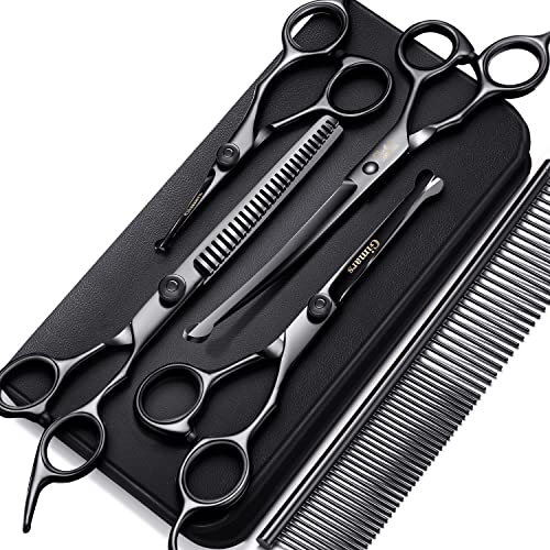 Image of Gimars 7inch Professional 4CR Stainless Steel 6 in 1 Grooming Scissors for Dogs with Safety Round Tip, Heavy Duty Titanium Coated Pet Grooming Scissor for Dogs, Cats and Other Animals