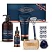 Produktbild King C. Gillette Geschenkset mit Rasierer Herren + 3 Rasierklingen + Bartöl + Rasiergel + Bartshampoo + Bartkamm + Stand, Rasierset Geschenk Männer