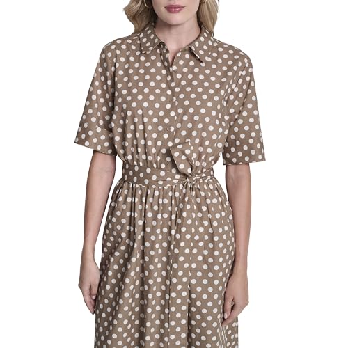 Image of DKNY Women's Short Sleeve Cotton Poplin Collared Midi Shirtdress
