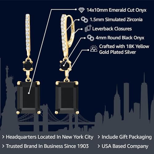 Gem Stone King 13.94 Cttw Black Onyx Dangle Earrings For Women | 18K Yellow Gold Plated Silver | Gemstone Birthstone | Emerald Cut 14X10MM2