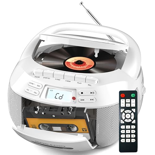 Greadio Tragbarer CD Player, Boombox Kassettenspieler mit Bluetooth, FM Radio mit Fernbedienung, AUX-/USB-Wiedergabe, Kassettenrekorder, AC-Kabel/Batteriebetrieb, LCD-Bildschirm für Kinder (White)