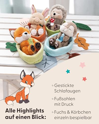 NICI Kuscheltier Fuchs mit Blatt 12cm schlafend im im Körbchen - orange - Stofftier aus weichem Plüsch, niedliches Plüschtier zum Kuscheln und Spielen, für Kinder & Erwachsene - 61581