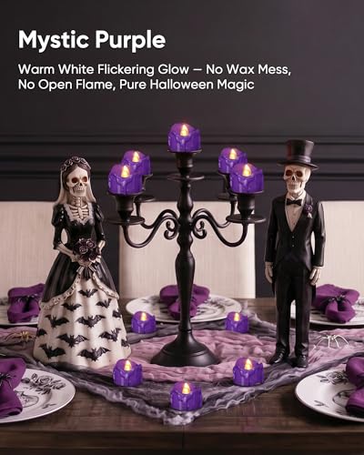 Image of Homemory Purple Dripping Flameless LED Tea Lights, 1.58 inch x 1.2 inch Battery Operated Flickering Fake Candles, 200+ Hours Electric Votive Tealights for Wedding, Halloween, Christmas Centerpieces, 12 Pack