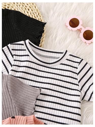 OYOANGLE Toddler Girl's 4 Pack Ribbed Knit Short Sleeve T Shirts Striped Tee Cute Heart Print Tee Tops3