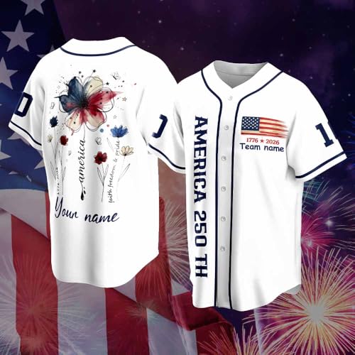 Jersey de béisbol personalizado para el 4 de julio con nombre personalizado, nombre del equipo, regalo del Día de la Independencia, 250 años de libertad. Blanco miniatura 5