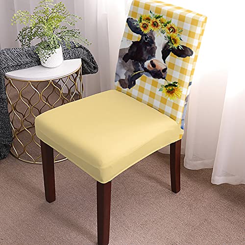 Dining Room Chair Covers Set Of 6,Farm Animal Cute Milk With Sunflower Yellow Buffalo Check Plaid Removable Washable Dining Room Stretch Chair Slipcovers Protector Cover For Hotel,Ceremony,Banquet #TOP1