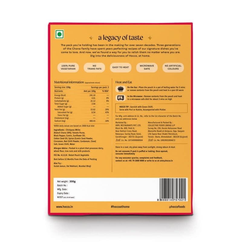 Image of Hocco Chana Masala Ready To Eat | Just Heat And Eat | Pure Veg Indian Food | No Added Preservative & Colours | Meal Ready In 5 Minutes | Microwave-Able Serves 2 300gm (Pack of 2)