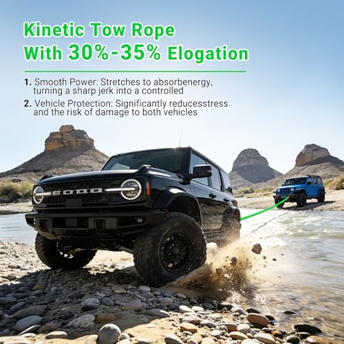 Image of Kinetic Recovery Rope 7 /8 inch x 30ft,48600lbs Breaking Strength Kinetic Tow Rope,Heavy Duty Recovery Rope with 2pcs Soft Recovery Shackles for Off-Road,Trucks,Jeep,SUV, ATV, UTV,Tractor