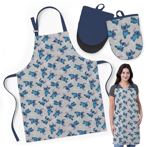 Best Brands Disney Apron & Oven Mitts Set 3 Piece Bundle with 1 Cotton Kitchen Apron for Cooking & 2 Heat Resistant Pot Holders