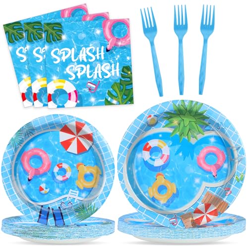 OBUSATT 96Pcs Pool Party Tableware Set Summer Beach Party Decoration Supplies Disposable Summer Pool Paper Plates Napkins Fork Hawaiian Beach Ball Party Table Birthday Decorations Favors for 24 Guests