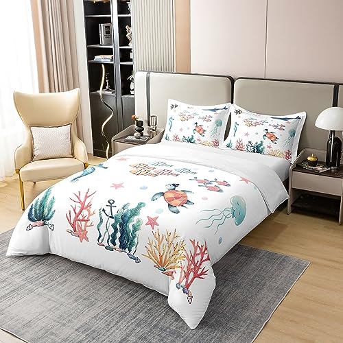 Ocean Turtle Kids Cotton Duvet Cover Set - Marine Decor for Boys - Beach Starfish & Seahorse Design - Double Bedroom - Image 2