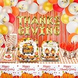 Lorvain Thanksgiving Party Supplies, 245 Pcs Fall Party Supplies Tableware Set (Serve 24) with Pumpkin Harvest Disposable Plate Cup Napkin Balloons Cutlery Tablecloth for Autumn Party Decoration