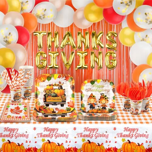 Lorvain Thanksgiving Party Supplies, 245 Pcs Fall Party Supplies Tableware Set (Serve 24) with Pumpkin Harvest Disposable Plate Cup Napkin Balloons Cutlery Tablecloth for Autumn Party Decoration
