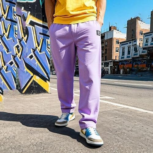 Men Casual Hemp Fabric Embroidered Pants, Mens Pants Relaxed Fit, Logo Drawstring Loose Elastic Waist Pocket Sweat Trousers4