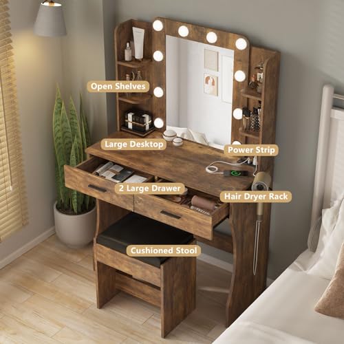 Image of Vabches Vanity Desk with Lights,Makeup Vanity with Power Strip,Dressing Table Set with 2 Large Drawers,Vanity Mirror 3 Lighting Color Adjustable,Rustic Brown