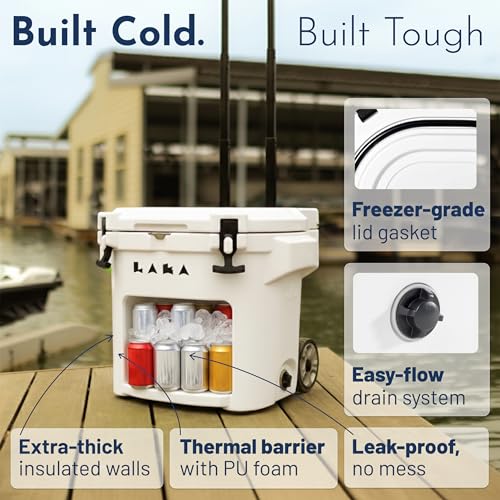 Image of Laka Cooler with Wheels - 30QT Rotomolded Insulated Rolling Hard Cooler, Telescoping Handle, Holds 24 Cans + Ice, Up to 7 Days Cold, Drain Plug, Cup Holders + Bottle Opener, Beach /Camping /Boat