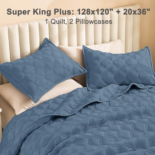 Image of Litanika Oversized King Quilt Bedding Set, 128x120 Inch Super King Haze Blue Comforter Bedspreads Lightweight Bed Coverlets Boho Bedding Cover Decor All Season,3 Pieces (1 Quilt, 2 Pillowcases)