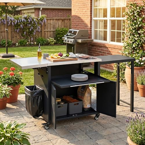 Image of Merax 73.8 inch Outdoor Kitchen Island with Dual Foldable Grill Table, Black | Stainless Steel Top,Outdoor Grill Cart with Storage Cabinet &Trash Rack, Outdoor Bar Cart, Pizza Oven Table for Lawn & Garden
