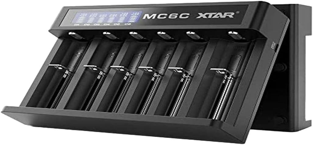 XTARMC6C LCD Smart Charger18650 Charger 6-Slot USB Charger for 18650 18700 20700 21700 22650 25500 26650 Flat 32650