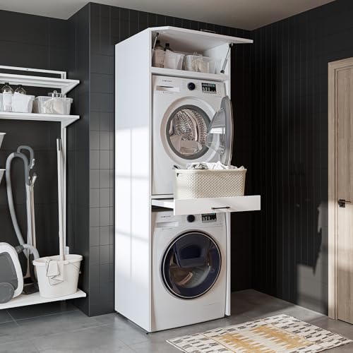 ROOMART • Armoire de machine à laver pour sèche-linge et machine à laver • Avec planche coulissante • Blanc • Chêne noir • Armoire superposée...