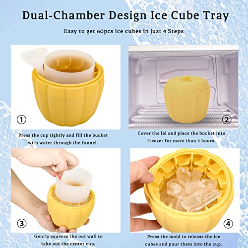 Syaws Ice Cube Tray, Silicone Pumpkin Ice Cube Maker Mold For Freezer, Mini Ice Bucket With Container Making 60Pcs Ice Cube For Cooling Cocktails, Whiskey, Coffee And Coke Yellow #TOP2
