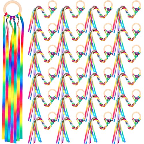 Image of Junkin Ribbon Rings Hand Kite Waldorf Toys Dancing Wrist Ribbons Rainbow Streamers with Wood Ring Educational Toy for Playroom Dancing Birthday Party Gift(Gradient,24 Pcs)