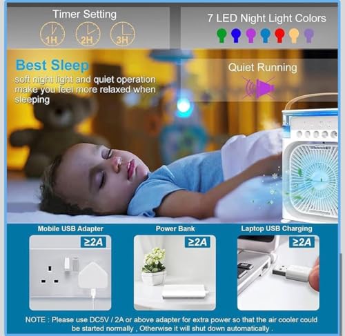 Image of Portable Air Cooler Fan with Humidifier & LED Light | USB Mini Air Conditioner | Personal Cooling Fan with Water Tank, Adjustable Speed & Silent Operation