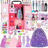 Festfun Puppen Kleiderschrank 140 Pcs Puppenkleidung Zubehör Schrank Kleider Zubehör Schuhe Kleiderbügel Halsketten Kronen Tasche DIY Accessoires für 11,5 Zoll Puppen