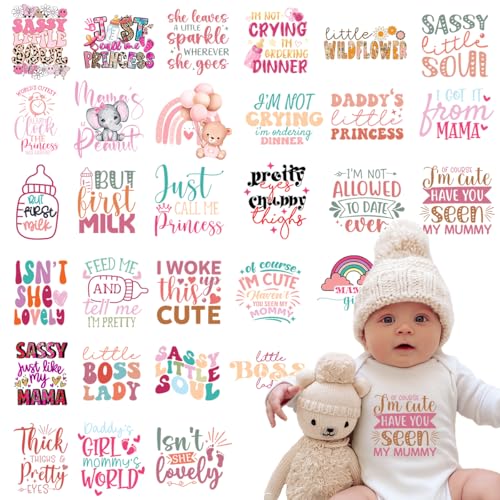 Image of Kaciola 30 Sheets Baby Shower Games Iron on Transfers, Baby Girl DTF Transfers Ready to Press Bodysuit Making Stickers Iron on Decals for T Shirts Hoodie DIY Crafts (Girl)