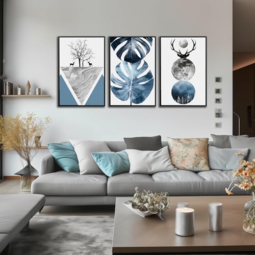 Image of Boho Canvas Wall Art Set of 3 with Black Frame, Abstract Minimalismt Bohemian Deer & Tropical Leaf Pictures Prints Artwork Paintings Wall Decor for Bedroom Living Room Home Decoration 24x36 inches