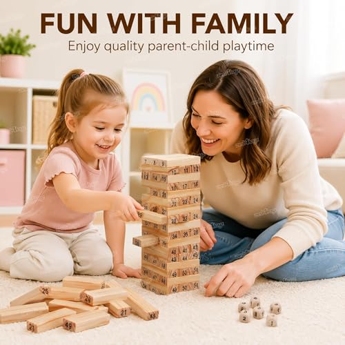 Image of Zest 4 Toyz Wooden Building Blocks Puzzle Game Wooden Stacking Tower Game for Kids 48 Pcs Numbered Wooden Blocks Family Board Game Dice Game Educational Learning Indoor Games for Kids