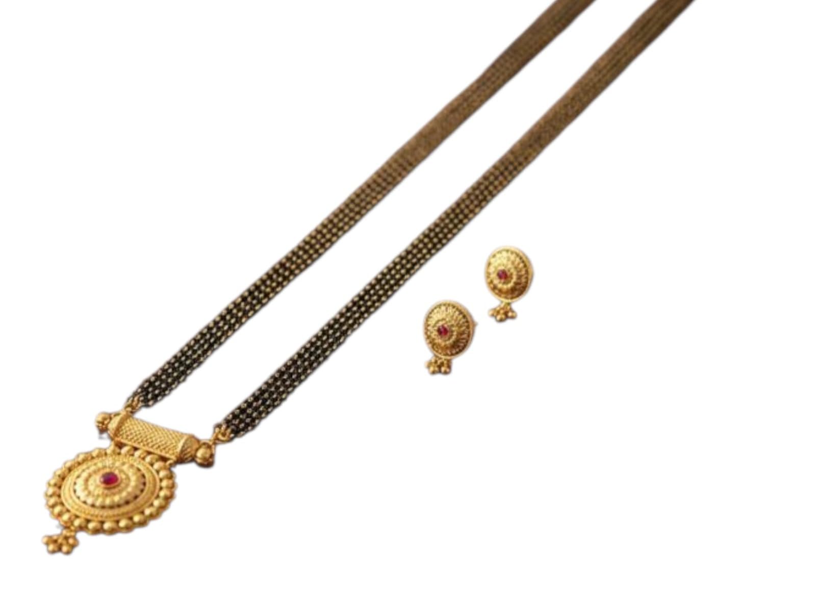traditional maharashtrian mangalsutra with round pendant & earrings | gold plated black bead long chain | micropolish design jewelry for women & girls