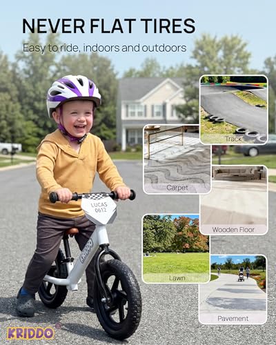 Image of KRIDDO Toddler Balance Bike 2 Year Old, Age 24 Months to 5 Years Old, 12 Inch Push Bicycle with Customize Plate (3 Sets of Stickers Included), Gift Bike for 2-3 Boys Girls, White