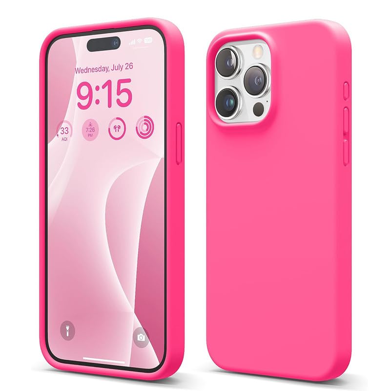 BuyRoyal Silicone Back Case for Apple iPhone 15 Pro |Liquid Silicone| Thin, Slim, Soft Rubber Gel Case | Raised Bezels for Extra Protection of Camera & Screen (Neon Pink).