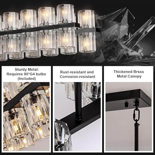 Image of Crystal Black Rectangular Chandelier Light Fixture,72 in Large Dining Room Chandelier Over Table,Modern Chandeliers for Living Room,Arcachon Chandeliers,Kitchen Island,Includes 80xG4 Bulbs