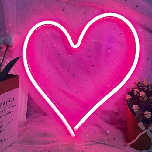 Pink Heart Neon Sign, Love Shape Neon Lights for Valentine's Day, LED Neon Light for Wall Decor, Dimmable USB Powered Romantic Neon Light Lamp for Bedroom, Party, Wedding 13.4×13 Inch (Large Heart)