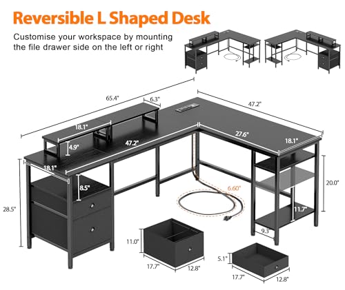 Image of Furologee 66 inch L Shaped Desk with Power Outlet, Reversible Computer Gaming Desk with File Drawer & 2 Monitor Stands for Home Office with Storage Shelves, Black
