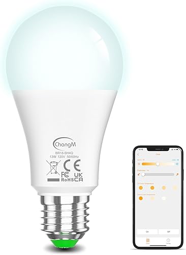 ChangM Bombillas Alexa 13W E26 Smart LED Compatible con Alexa Blanco Cálido a Blanco A19 Bombilla de Control APP Bluetooth Mesh 1 Pack