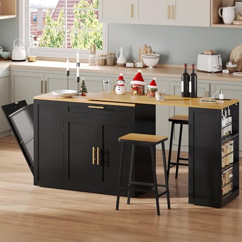 YITAHOME 90 inch Kitchen Island with Seating for 2-4, Rolling Island with Trash Can Cabinet & Power Outlet, Extendable Dining Table with 2 Chairs, 3-Tier Spice Rack, L-Shaped Kitchen Cart (Black)