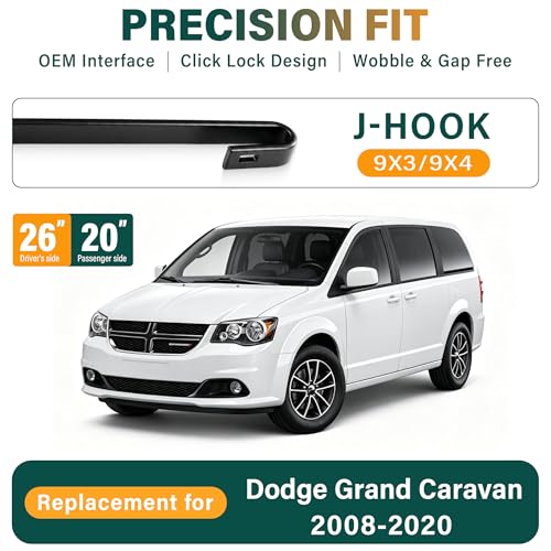 Image of Windshield Wiper Blades Replacement for Dodge Grand Caravan 2008-2020 Chrysler Town & Country 2008-2016,Original Equipment Replacement Front Rear Wiper Blade Set - 26 inch 20 inch 16 inch (Set of 3)